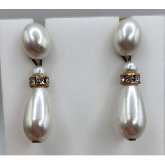 Lustrous Faux Pearl Earrings with Crystal Accents - Dangle - Picture 1 of 1